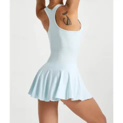 US Open Women's Solid Colored Tennis Dress with Built in Shorts and Bra Sports Dress Sleeveless Pleated Breathable Tennis Golf Pickleball Square Neck Dress Racerback Light Blue Tennis Clothing