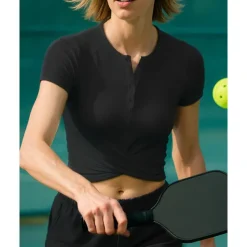 US Open Women's Solid Colored Tennis Top Short Sleeve Buttons Breathable Tennis Pickleball Round Neck Dress Black White Sky Blue Spandex Tennis Clothing