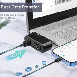 USB 3.0 Hub 4 Ports USB Splitter Extender Multi-Port Adapter with 3 USB Ports & 1 USB C Power/Data Port for Laptop