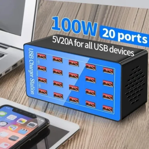 USB Charger Station 100W5V20A 20-Port Fast Charging Socket Multi-port Multi-function Universal Fast Adapter for Multiple Devices Smart Mobile Phone Tablet Laptop Computer Camera Headphone
