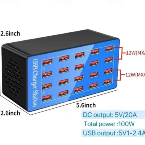 USB Charger Station 100W5V20A 20-Port Fast Charging Socket Multi-port Multi-function Universal Fast Adapter for Multiple Devices Smart Mobile Phone Tablet Laptop Computer Camera Headphone