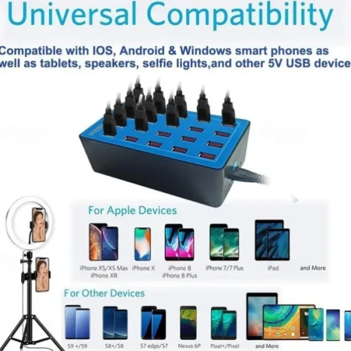 USB Charger Station 100W5V20A 20-Port Fast Charging Socket Multi-port Multi-function Universal Fast Adapter for Multiple Devices Smart Mobile Phone Tablet Laptop Computer Camera Headphone