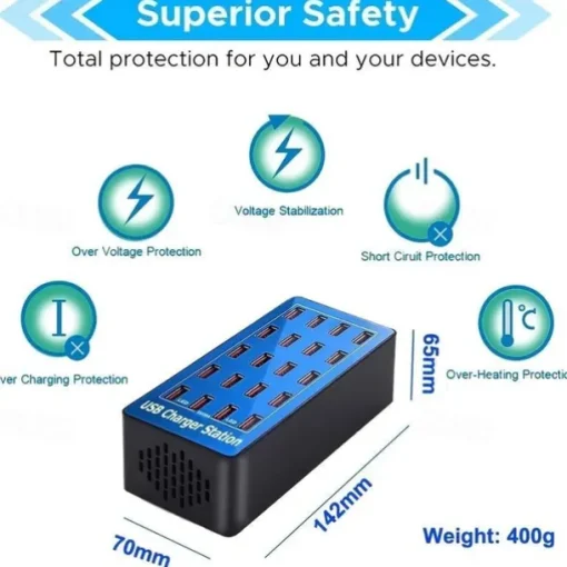 USB Charger Station 100W5V20A 20-Port Fast Charging Socket Multi-port Multi-function Universal Fast Adapter for Multiple Devices Smart Mobile Phone Tablet Laptop Computer Camera Headphone