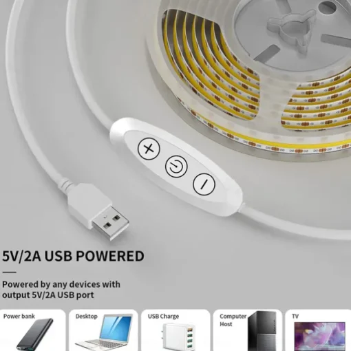 USB COB LED Strip Lights, Dimmable 1-3m TV Backlight 300 LEDs/m, CRI85 with RF Remote Control, Flexible Tape Light for DIY Bedroom, Kitchen, Under Cabinet Lighting