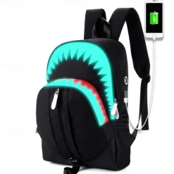 USB function backpack School Bag Men Fashion USB Charging Night Luminous Backpack Shark Laptop Backpack Teenagers School Bag Travel Bag Black