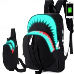 USB function backpack School Bag Men Fashion USB Charging Night Luminous Backpack Shark Laptop Backpack Teenagers School Bag Travel Bag Black
