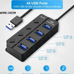 USB Hub 4 Port USB 3.0 Hub with Individual LED Switch Portable Adapter High Speed Expansion Multi USB Hub Splitter Adapter