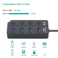 USB Hub 4 Port USB 3.0 Hub with Individual LED Switch Portable Adapter High Speed Expansion Multi USB Hub Splitter Adapter