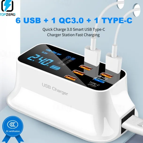 8USB Mobile Phone Fast Charging Digital Display QC3.0 Flash Charging Fast Multi-function PD Fast Charging Multi-port Charger With Display