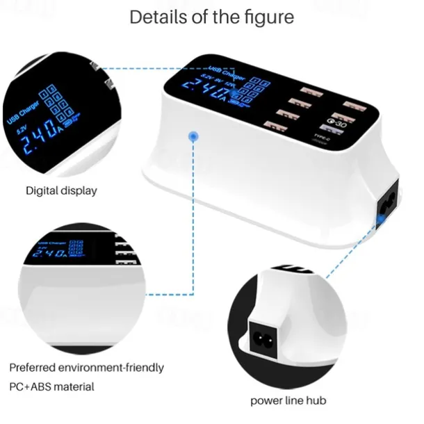 8USB Mobile Phone Fast Charging Digital Display QC3.0 Flash Charging Fast Multi-function PD Fast Charging Multi-port Charger With Display