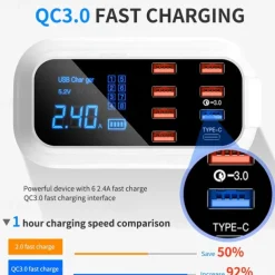 8USB Mobile Phone Fast Charging Digital Display QC3.0 Flash Charging Fast Multi-function PD Fast Charging Multi-port Charger With Display