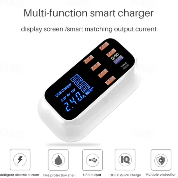 8USB Mobile Phone Fast Charging Digital Display QC3.0 Flash Charging Fast Multi-function PD Fast Charging Multi-port Charger With Display
