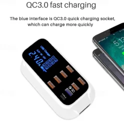 8USB Mobile Phone Fast Charging Digital Display QC3.0 Flash Charging Fast Multi-function PD Fast Charging Multi-port Charger With Display