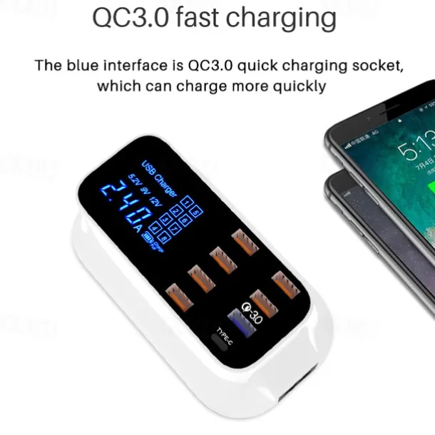 8USB Mobile Phone Fast Charging Digital Display QC3.0 Flash Charging Fast Multi-function PD Fast Charging Multi-port Charger With Display