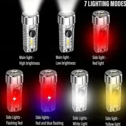 USB Rechargeable Mini Keychain Flashlight with Multicolor Side Lights - 7 Lighting Modes for Camping and Emergencies