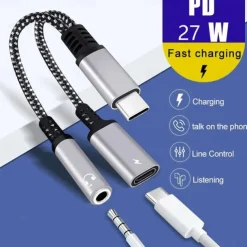 USB Type C to 3.5mm Headphone Jack Adapter Cable 2 in 1 Dual USB C Female Audio Aux Connector Charging Splitter Music
