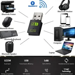USB WiFi Bluetooth Adapter 600Mbps Dual Band 2.4/5Ghz Wireless Network External Receiver Mini WiFi Adapter for PC/Laptop/Desktop