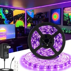 UV Black Light LED Strip Lights 16.4FT 5M Flexible 395-405nm 2835SMD 8mm Flexible DC12V for Indoor Dance Party Stage Lighting Body Paint