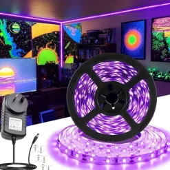 UV Black Light LED Strip Lights 16.4FT 5M Flexible 395-405nm 2835SMD 8mm Flexible DC12V for Indoor Dance Party Stage Lighting Body Paint