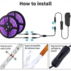 UV Purple LED Light Strip Kit - 5-10M Flexible 12V Warm White Tape Light Black Light for Party, Bar & Decoration