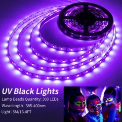UV Purple LED Light Strip Kit - 5-10M Flexible 12V Warm White Tape Light Black Light for Party, Bar & Decoration