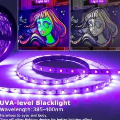 UV Purple LED Light Strip Kit - 5-10M Flexible 12V Warm White Tape Light Black Light for Party, Bar & Decoration
