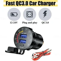 12-24V Dual USB Car Charger Socket Port With Colourful Digital Voltmeter QC 3.0 Fast Charging Bus Trailer Boats