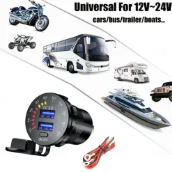 12-24V Dual USB Car Charger Socket Port With Colourful Digital Voltmeter QC 3.0 Fast Charging Bus Trailer Boats