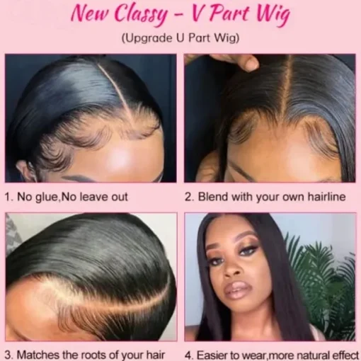 V Part Wigs Straight Brazilian Virgin Human Hair Wigs for Black Women Upgrade U Part Wigs Full Head Clip In Half Wig V Shape Wigs No Leave Out Lace Front Wigs 180% Density Natural Color