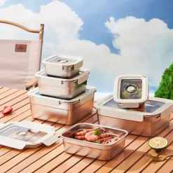 Vacuum Food Container Food-Grade SUS304 Sealed Food Storage Box Bento Lunch Box for Fruits, Refrigerator Safe, Airtight Meal Container (Rectangle)