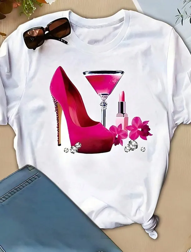 Valentine Women's Funny T Shirt Casual Wine Glass Regular Tops Short Sleeve Round Neck Print Regular Fit Daily White Summer