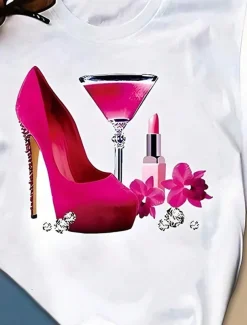 Valentine Women's Funny T Shirt Casual Wine Glass Regular Tops Short Sleeve Round Neck Print Regular Fit Daily White Summer