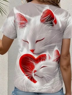 Valentine Women's Heart T Shirt Cute Regular Tops Short Sleeve Round Neck Print Regular Fit Daily Red Summer