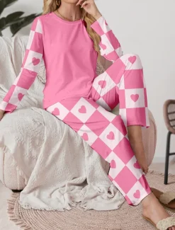 Valentine Women's Pajama Set Casual Comfort Comfrt Heart Grid / Plaid T Shirt Pant Home Valentine's Day Daily Long Sleeve Crew Neck Pink Spring Fall Winter