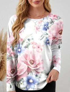 Valentine Women's Pink T Shirt Floral Oil painting flowers Long Tops Long Sleeve Crew Neck Print Regular Fit Daily Black White Pink Blue Green Summer Spring Fall Winter