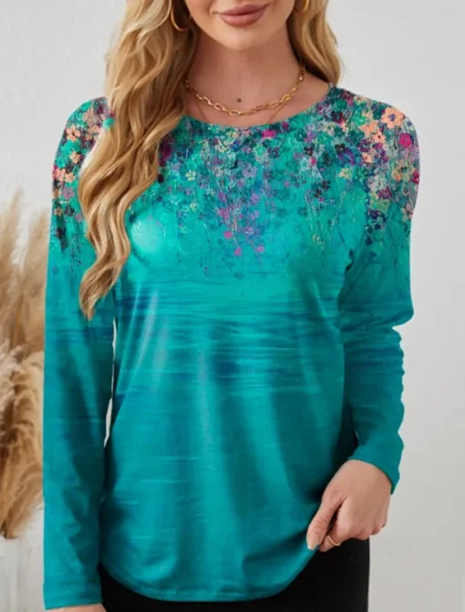 Valentine Women's Pink T Shirt Floral Oil painting flowers Long Tops Long Sleeve Crew Neck Print Regular Fit Daily Black White Pink Blue Green Summer Spring Fall Winter