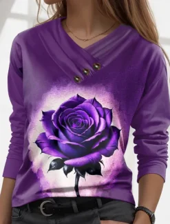 Valentine Women's Rose T Shirt Regular Tops Long Sleeve V Neck Buttons Print Regular Fit Daily Stylish Casual Pink Purple Fall Winter