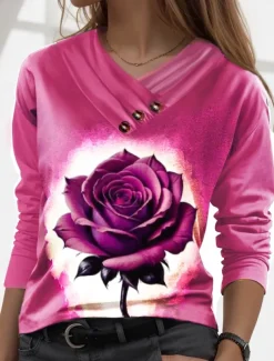 Valentine Women's Rose T Shirt Regular Tops Long Sleeve V Neck Buttons Print Regular Fit Daily Stylish Casual Pink Purple Fall Winter