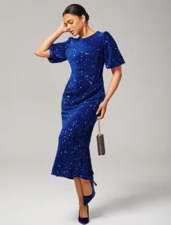 Velour Sequin Puff Sleeve Sparkly Elegant Maxi Dress