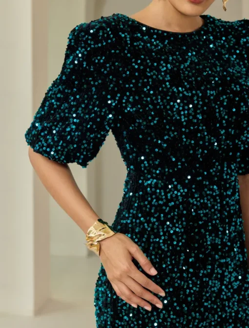 Velour Sequin Puff Sleeve Sparkly Elegant Maxi Dress