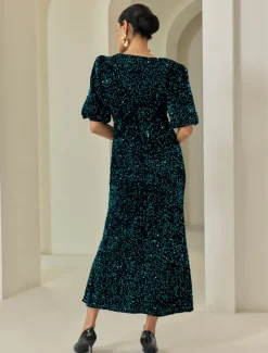 Velour Sequin Puff Sleeve Sparkly Elegant Maxi Dress