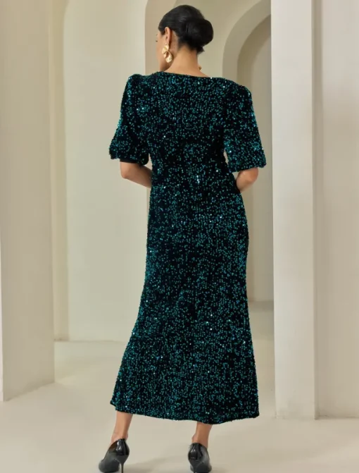 Velour Sequin Puff Sleeve Sparkly Elegant Maxi Dress
