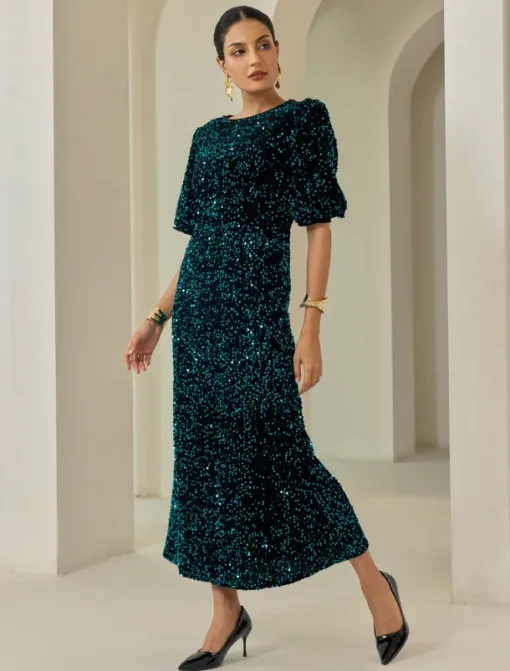 Velour Sequin Puff Sleeve Sparkly Elegant Maxi Dress