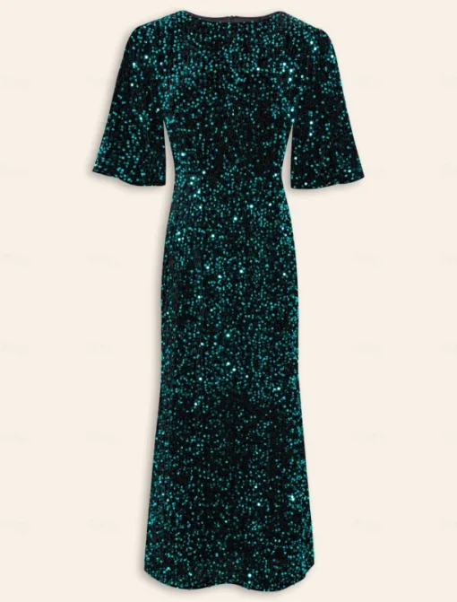 Velour Sequin Puff Sleeve Sparkly Elegant Maxi Dress