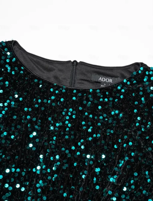 Velour Sequin Puff Sleeve Sparkly Elegant Maxi Dress