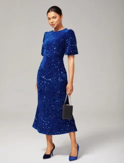 Velour Sequin Puff Sleeve Sparkly Elegant Maxi Dress