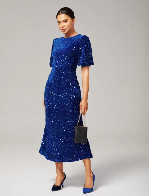 Velour Sequin Puff Sleeve Sparkly Elegant Maxi Dress