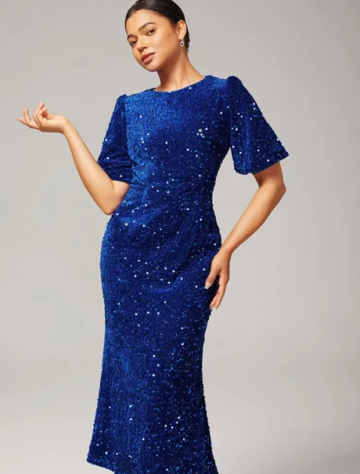Velour Sequin Puff Sleeve Sparkly Elegant Maxi Dress