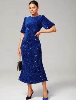 Velour Sequin Puff Sleeve Sparkly Elegant Maxi Dress