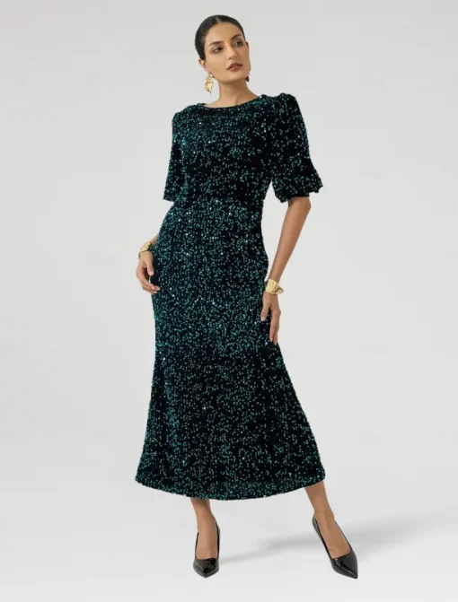Velour Sequin Puff Sleeve Sparkly Elegant Maxi Dress